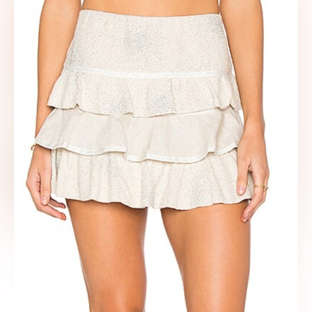 Revolve CHIO Linen Ruffle Mini Skirt in Beige With Metallic Silver Size Small
